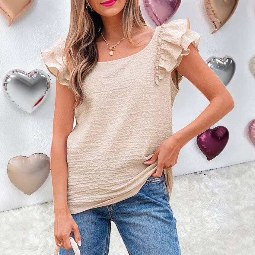Womens Solid-Color Crew-Neck Sweet Top With Bow-Knot Design