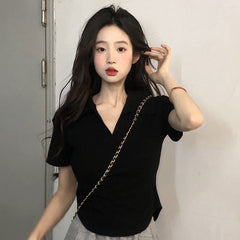 Solid-color Simple Lapel-neck Short-sleeve Top For Women