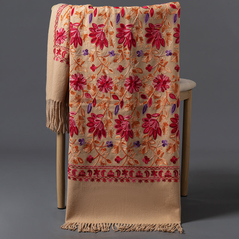 Rich Red Embroidered Winter Scarf For WomenSpringtime Blossoms All Around