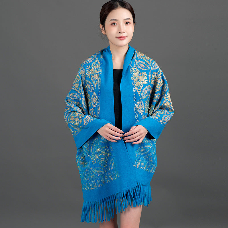 Autumn Winter Embroidered Golden Silk Lily Design In Xinjiang Cashmere