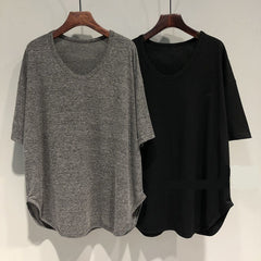 Loose Solid-Color V-Neck Mid-Length Short-Sleeve Top For Women