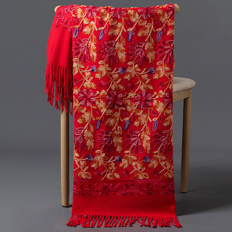Rich Red Embroidered Winter Scarf For WomenSpringtime Blossoms All Around