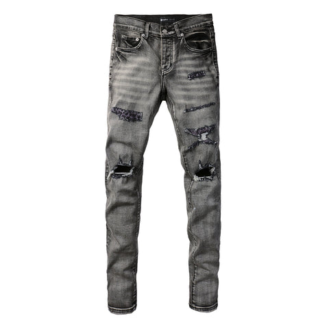 Purple Jeans Men Classic Streetwear Jeans Distressed Black Grey Ripped Skinny 9068