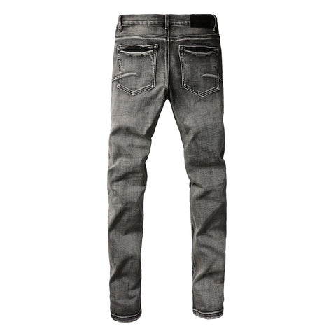 Purple Jeans Men Classic Streetwear Jeans Distressed Black Grey Ripped Skinny 9068