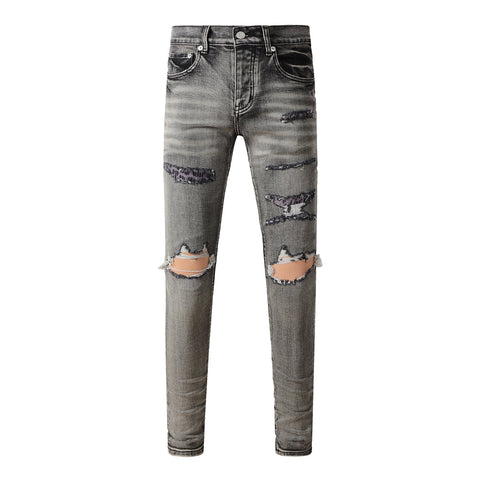 Purple Jeans Men Classic Streetwear Jeans Distressed Black Grey Ripped Skinny 9068