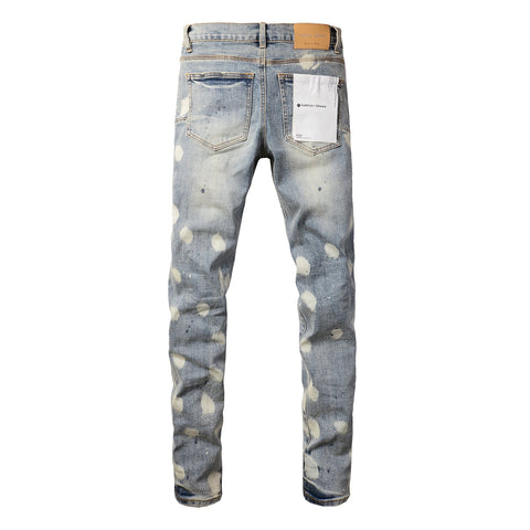 Purple Jeans Men Streetwear Jeans Distressed Light Blue Paint Dot Ripped Skinny 9092