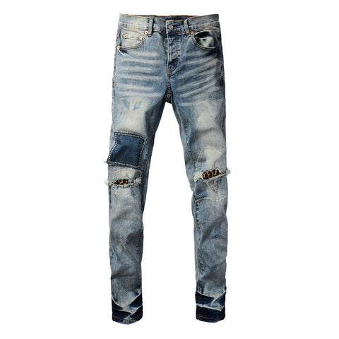 Purple Jeans Men Streetwear Jeans Distressed Light Blue Patch Leopard Ripped Skinny 9095