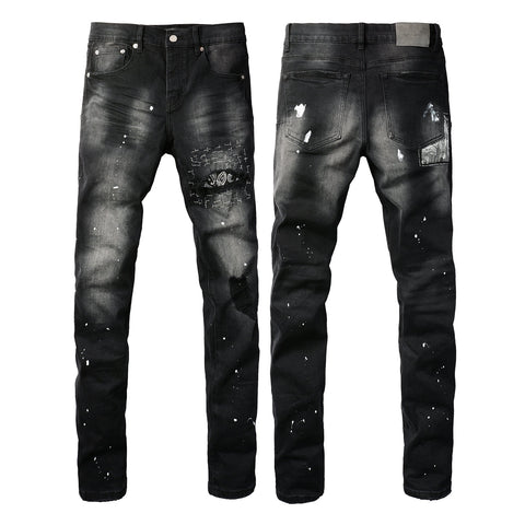 Purple Jeans Men Streetwear Jeans Distressed Black Paint Splash Patch Ripped Skinny 9099