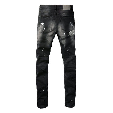 Purple Jeans Men Streetwear Jeans Distressed Black Paint Splash Patch Ripped Skinny 9099