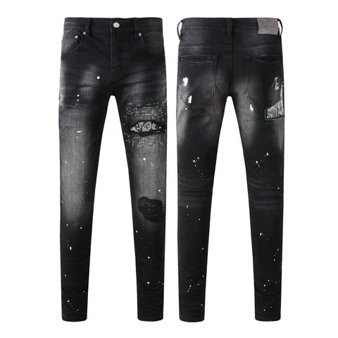 Purple Jeans Men Streetwear Jeans Distressed Black Paint Splash Patch Ripped Skinny 9099