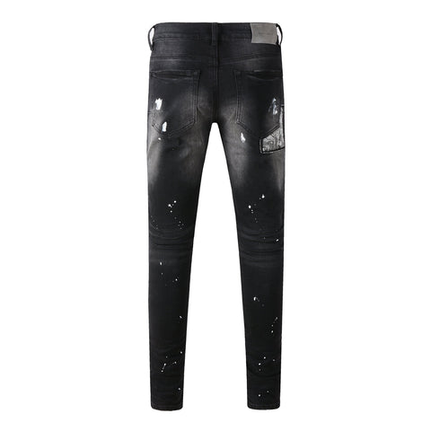 Purple Jeans Men Streetwear Jeans Distressed Black Paint Splash Patch Ripped Skinny 9099