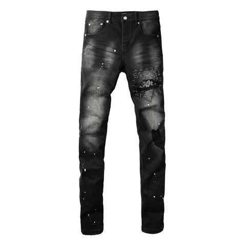 Purple Jeans Men Streetwear Jeans Distressed Black Paint Splash Patch Ripped Skinny 9099