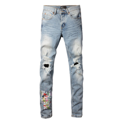 Purple Jeans Men Streetwear Jeans Light Blue Ripped Graffiti Print Distressed Skinny 9101
