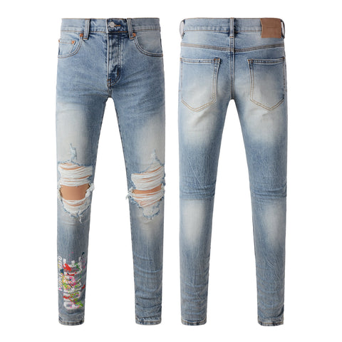 Purple Jeans Men Streetwear Jeans Light Blue Ripped Graffiti Print Distressed Skinny 9101