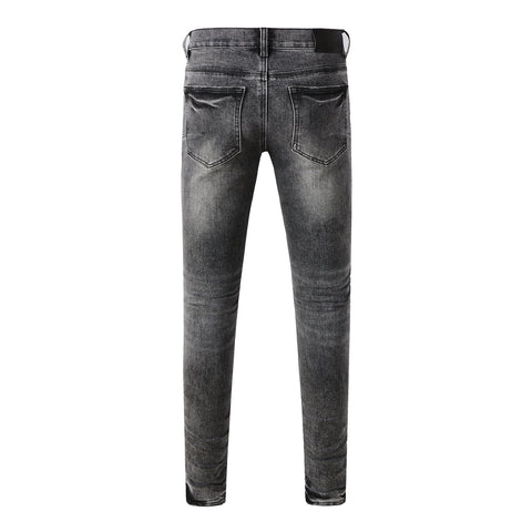Purple Jeans Men Streetwear Jeans Distressed Grey Ripped Patch Leopard Skinny 9102