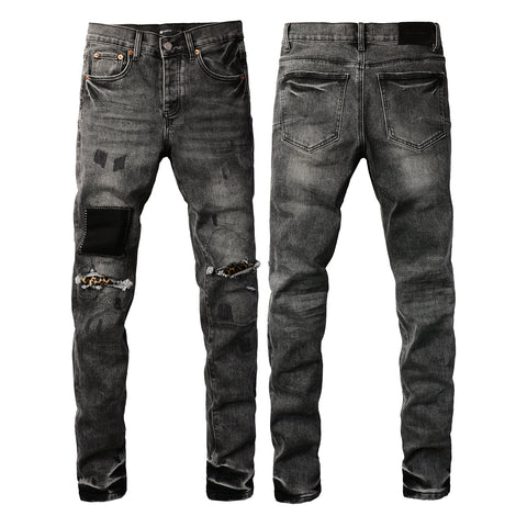 Purple Jeans Men Streetwear Jeans Distressed Grey Ripped Patch Leopard Skinny 9102