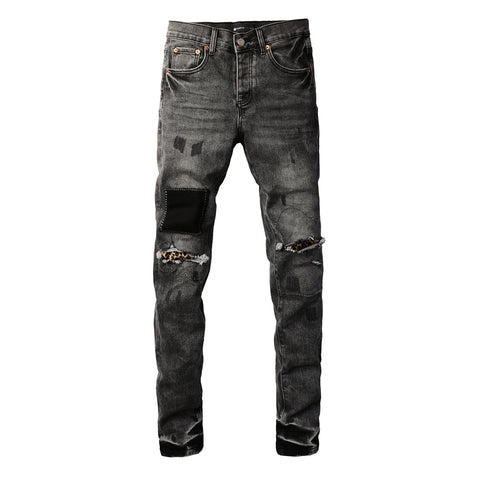Purple Jeans Men Streetwear Jeans Distressed Grey Ripped Patch Leopard Skinny 9102
