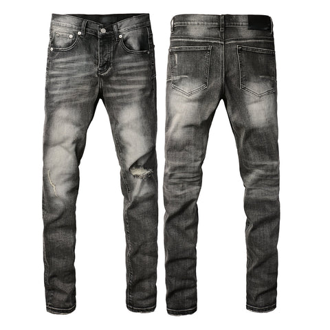 Purple Jeans Men Classic Streetwear Jeans Distressed Grey Ripped Skinny Fit 9103