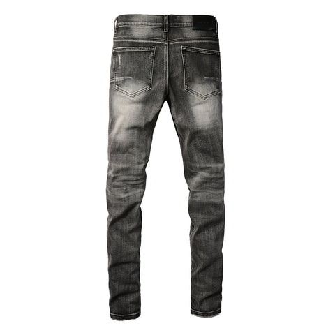 Purple Jeans Men Classic Streetwear Jeans Distressed Grey Ripped Skinny Fit 9103