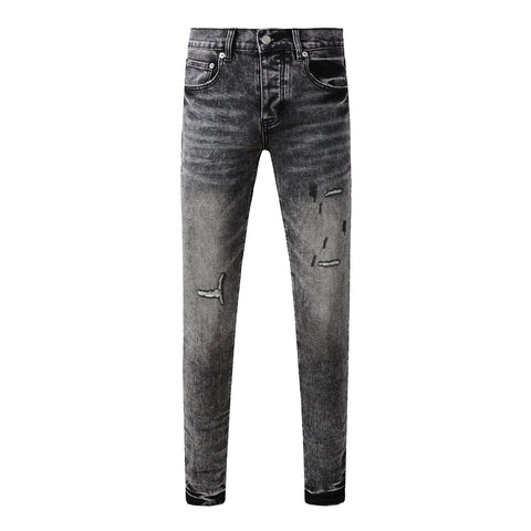 Purple Jeans Men Distressed Grey Washed Skinny Jeans Ripped Scratch Style 9105