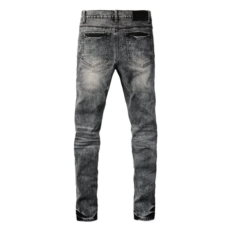 Purple Jeans Men Distressed Grey Washed Skinny Jeans Ripped Scratch Style 9105