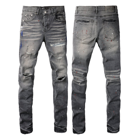 Purple Men Streetwear Distressed Grey Skinny Jeans with Color Paint Splatter and Knee Rips 9107