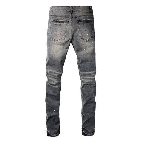 Purple Men Streetwear Distressed Grey Skinny Jeans with Color Paint Splatter and Knee Rips 9107