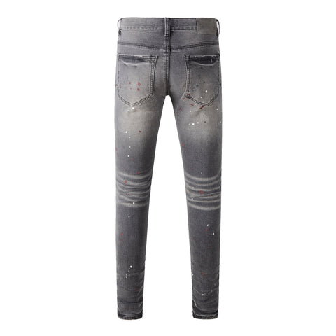 Purple Men Streetwear Distressed Grey Skinny Jeans with Color Paint Splatter and Knee Rips 9107