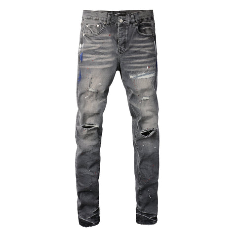 Purple Men Streetwear Distressed Grey Skinny Jeans with Color Paint Splatter and Knee Rips 9107