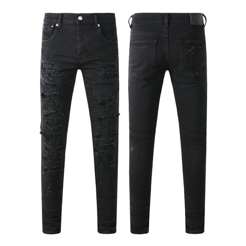 Purple Jeans Men Distressed Black Skinny Jeans with Heavy Ripped Design and Grunge Streetwear Vibe 9108