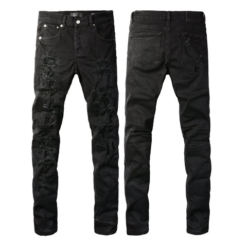 Purple Jeans Men Distressed Black Skinny Jeans with Heavy Ripped Design and Grunge Streetwear Vibe 9108