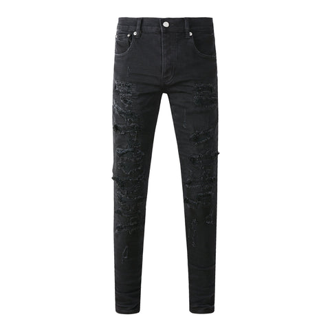 Purple Jeans Men Distressed Black Skinny Jeans with Heavy Ripped Design and Grunge Streetwear Vibe 9108