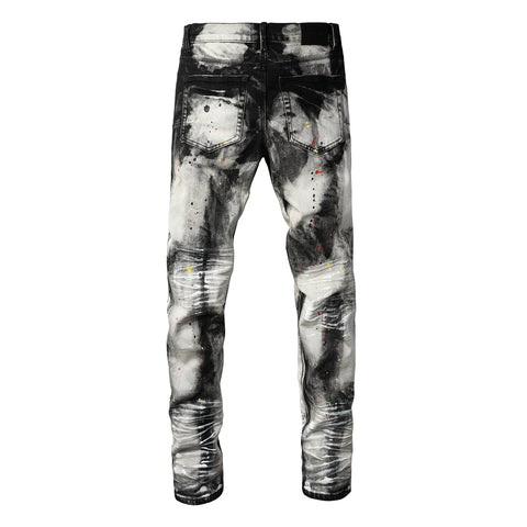Purple Men Streetwear Skinny Jeans Black and White Graffiti Wash with Multi Color Paint Splash PU9111
