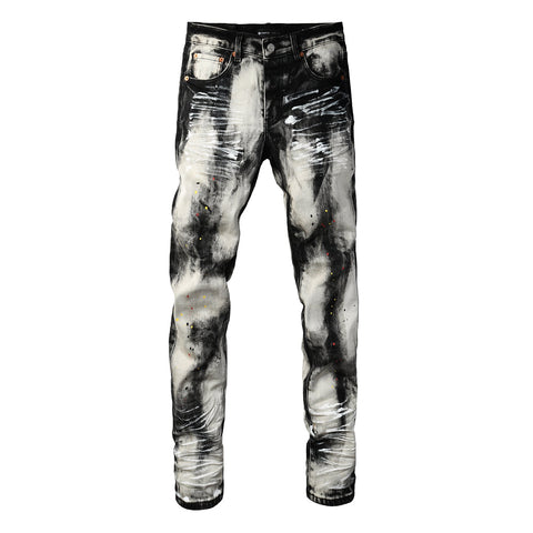 Purple Men Streetwear Skinny Jeans Black and White Graffiti Wash with Multi Color Paint Splash PU9111