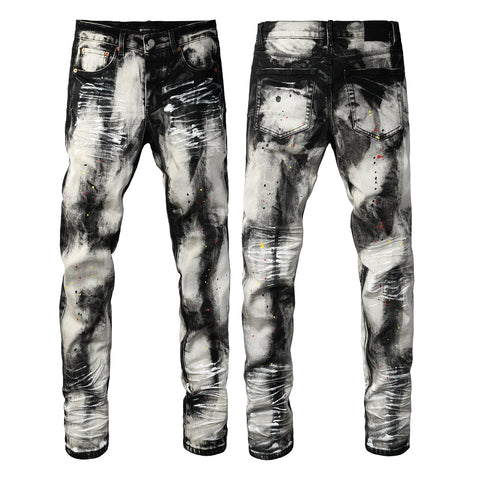 Purple Men Streetwear Skinny Jeans Black and White Graffiti Wash with Multi Color Paint Splash PU9111