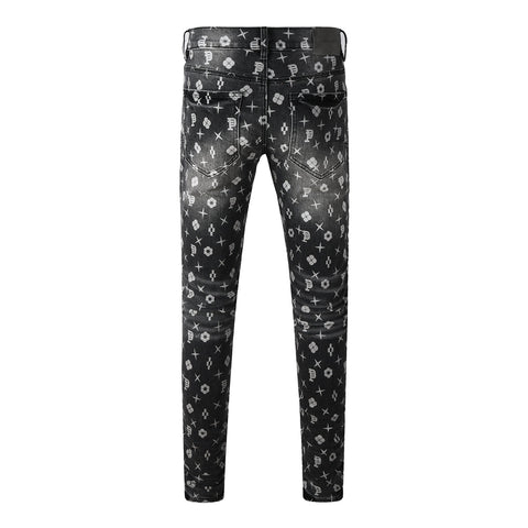 Purple Men Classic Street Skinny Jeans Dark Grey Monogram Print All Over Distressed Style PU9112