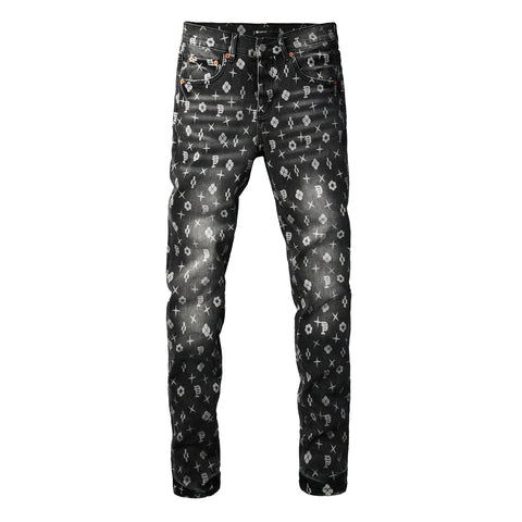 Purple Men Classic Street Skinny Jeans Dark Grey Monogram Print All Over Distressed Style PU9112