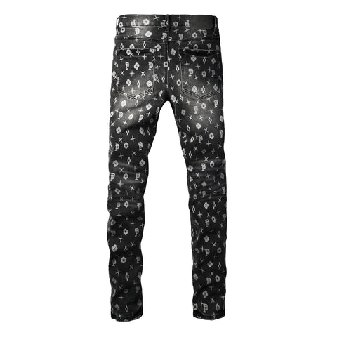 Purple Men Classic Street Skinny Jeans Dark Grey Monogram Print All Over Distressed Style PU9112