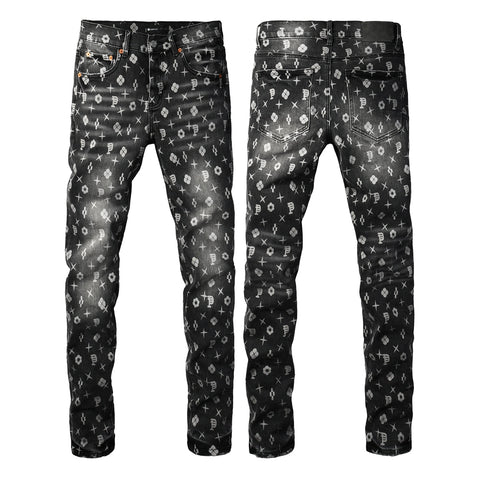Purple Men Classic Street Skinny Jeans Dark Grey Monogram Print All Over Distressed Style PU9112