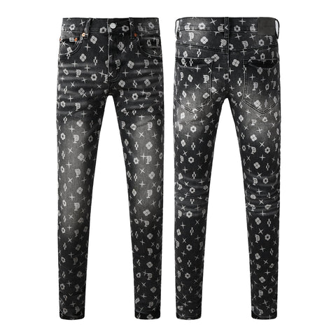 Purple Men Classic Street Skinny Jeans Dark Grey Monogram Print All Over Distressed Style PU9112