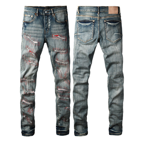Purple Men’s Dark Blue Slim Fit Jeans with Heavy Distressed Red Patchwork Details for Edgy Streetwear Style 9114