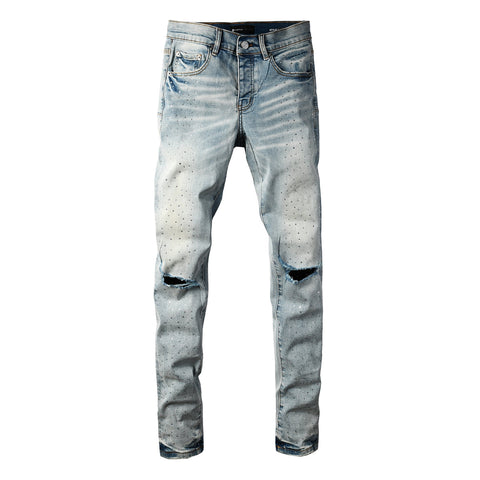 Purple Men Streetwear Skinny Jeans Light Blue with Rhinestone Studs and Distressed Details PU9119