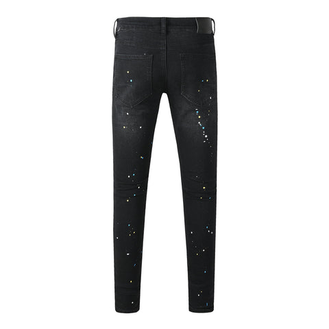 Purple Jeans Streetwear Men’s Black Ripped Slim Jeans with Multi Color Paint Splatter Effect and Rugged Tear Details 9121