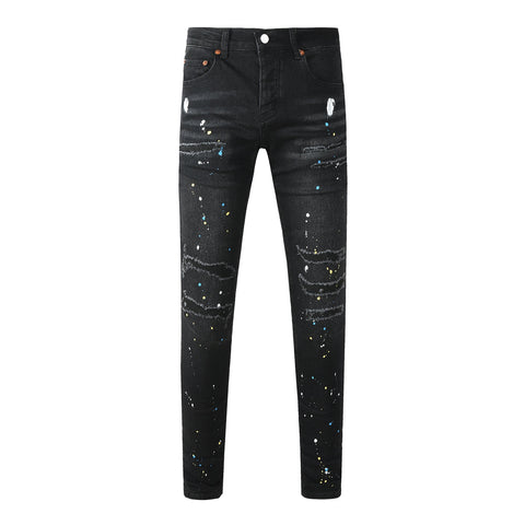 Purple Jeans Streetwear Men’s Black Ripped Slim Jeans with Multi Color Paint Splatter Effect and Rugged Tear Details 9121