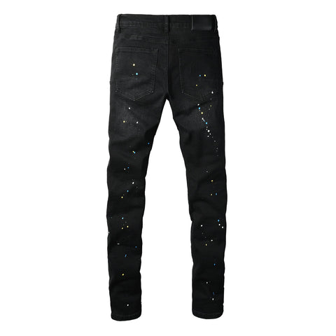 Purple Jeans Streetwear Men’s Black Ripped Slim Jeans with Multi Color Paint Splatter Effect and Rugged Tear Details 9121