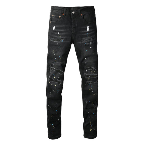 Purple Jeans Streetwear Men’s Black Ripped Slim Jeans with Multi Color Paint Splatter Effect and Rugged Tear Details 9121