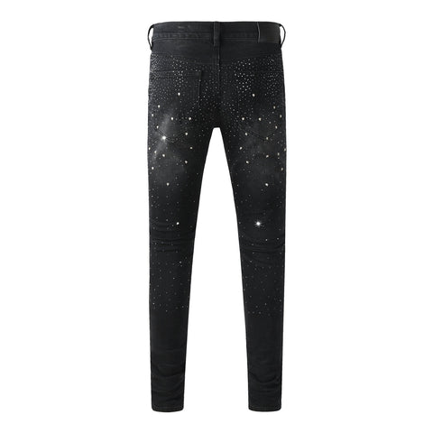Purple Mens Black Skinny Jeans with Gradient Rhinestone Embellishment Sparkling Night Sky Inspired Denim 9130
