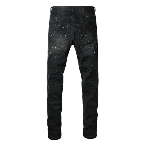 Purple Mens Black Skinny Jeans with Gradient Rhinestone Embellishment Sparkling Night Sky Inspired Denim 9130