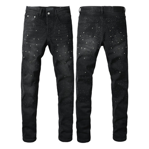 Purple Mens Black Skinny Jeans with Gradient Rhinestone Embellishment Sparkling Night Sky Inspired Denim 9130