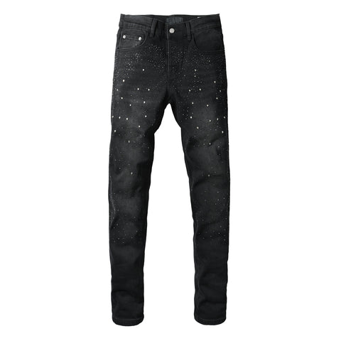 Purple Mens Black Skinny Jeans with Gradient Rhinestone Embellishment Sparkling Night Sky Inspired Denim 9130